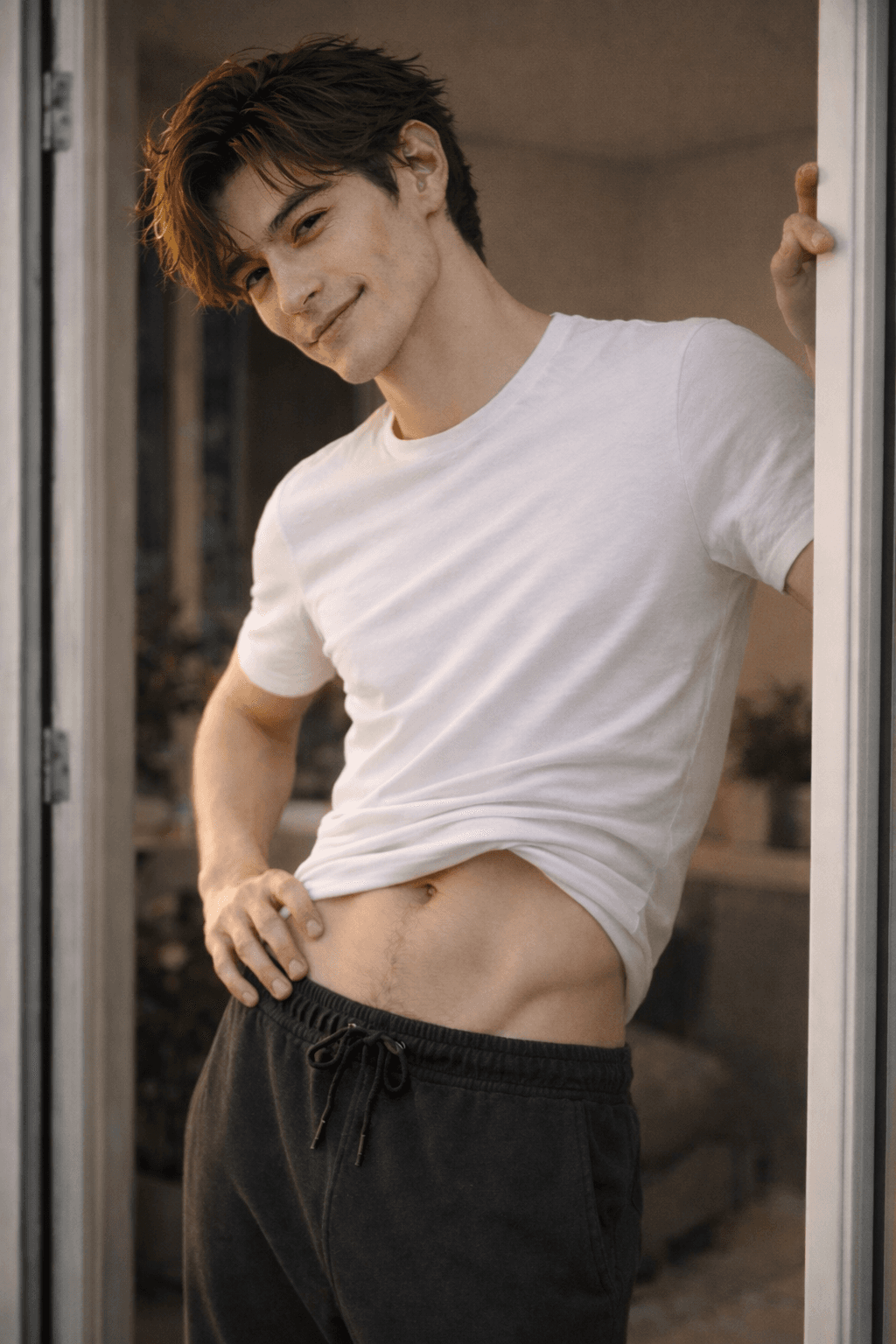 Callum leaning against a doorway, shirt lifting slightly